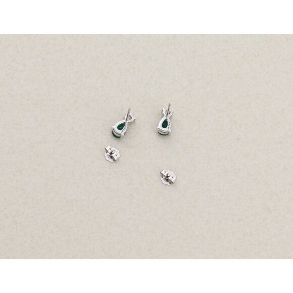 14k White Gold Lab Created Emerald & Diamond Earrings Stud Post Earrings 3/8" - Picture 9 of 9